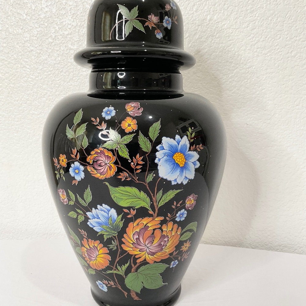VTG Ardalt Chinoiserie Black Glass Floral Ginger Jar Vase  made in Italy